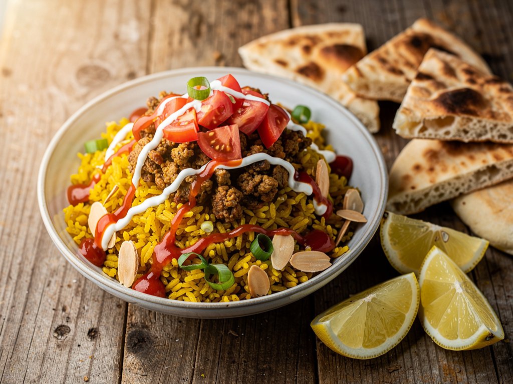 Spiced Turkey Rice Bowls with Turmeric Almond Rice and Creamy White Sauce