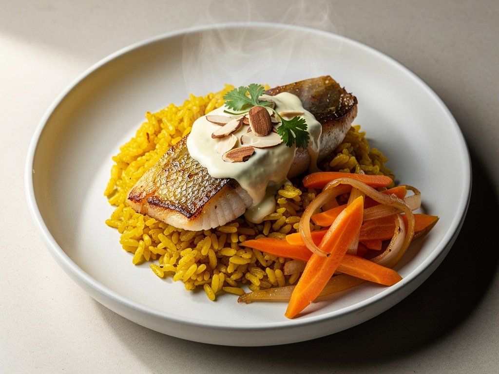 Spiced Turmeric Rice with Seared Barramundi and Cumin Carrot Jumble