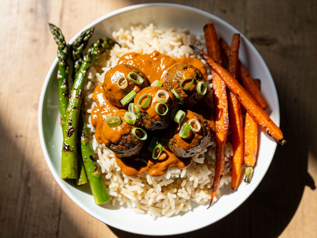 Spicy Asian Meatballs with Roasted Carrots and Jasmine Rice