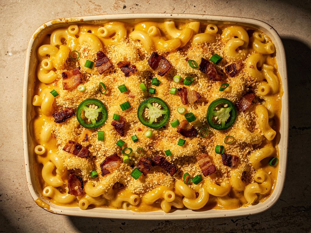 Spicy Bacon Jalapeño Mac and Cheese with Crispy Panko Topping