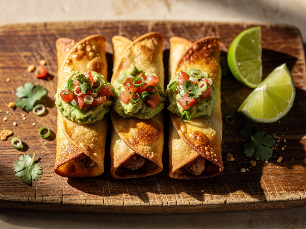 Spicy Black Bean and Corn Taquitos with Creamy Guacamole and Pico de Gallo