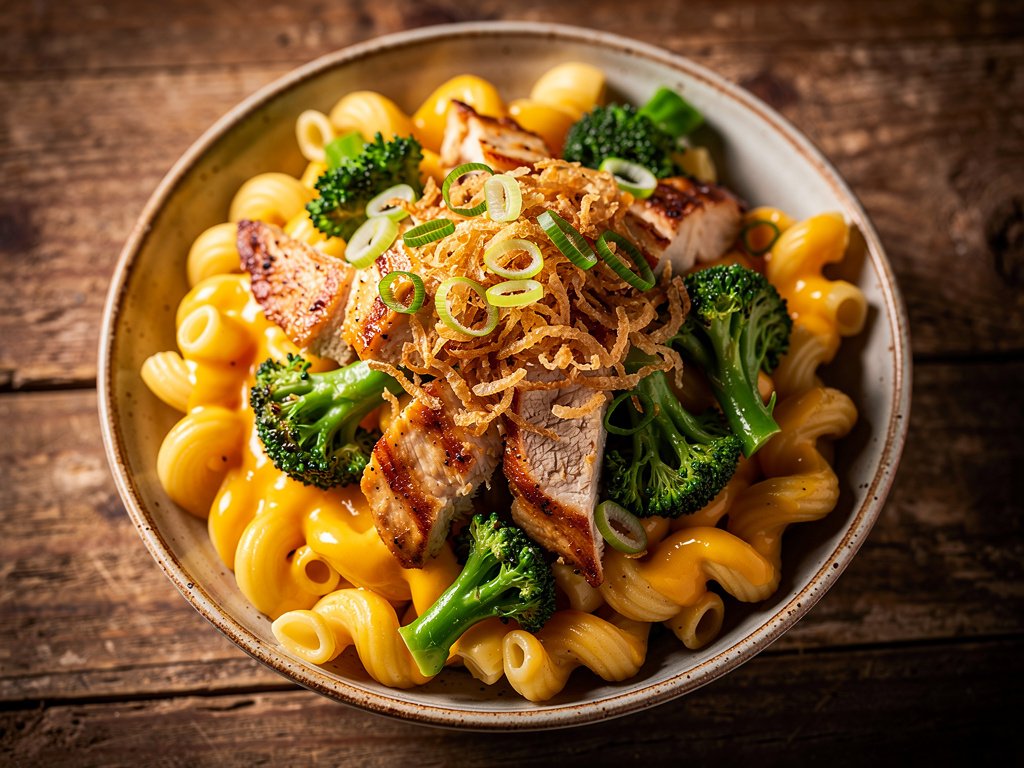 Spicy Broccoli Cheddar Chicken Pasta with Crispy Onions