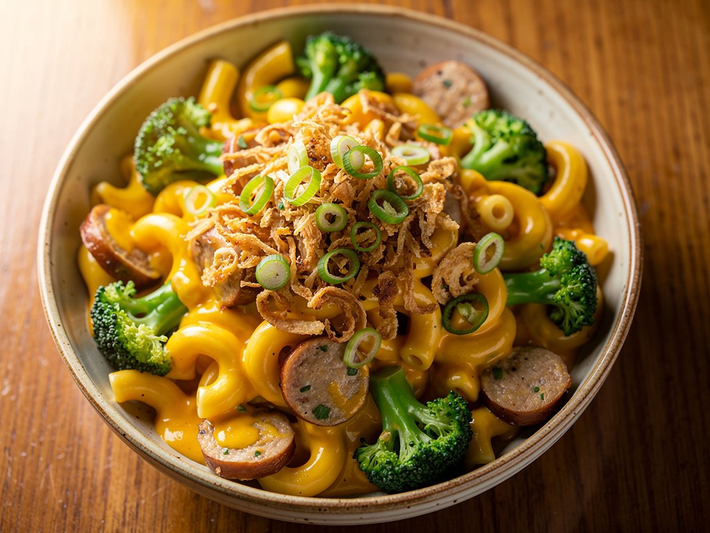 Spicy Broccoli Cheddar Mac with Chicken Sausage and Crispy Onions