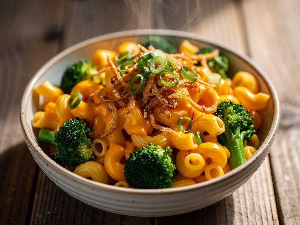Spicy Broccoli Cheddar Pasta with Crispy Onions