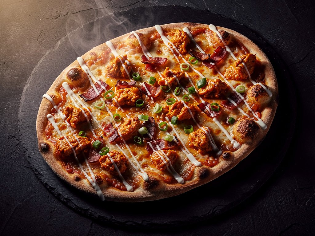 Spicy Buffalo Chicken and Bacon Pizza with Ranch Drizzle