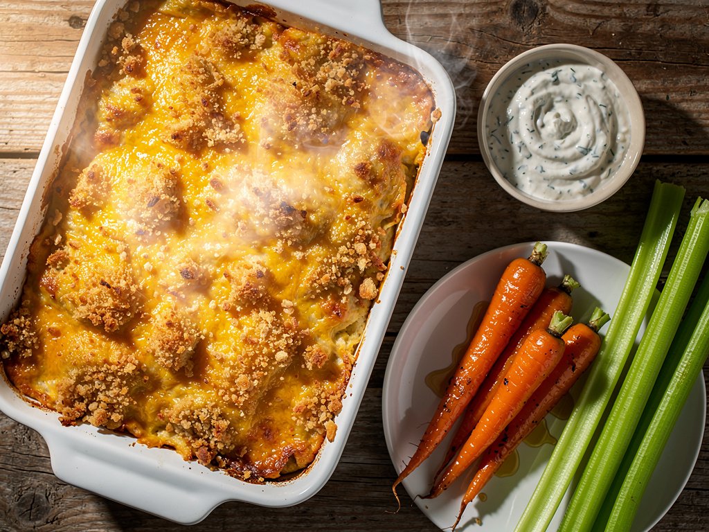 Spicy Buffalo Chicken and Mashed Potato Casserole with Cheesy Panko Crust