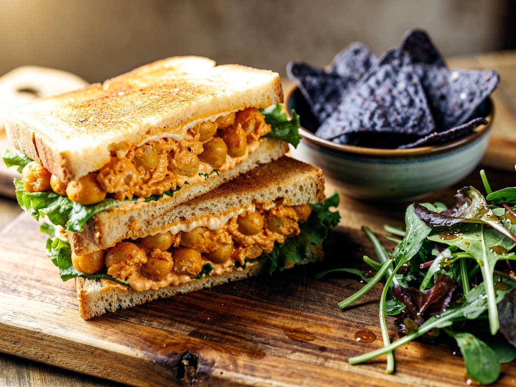 Spicy Buffalo Chickpea Sandwiches with Blue Corn Chips and Green Salad