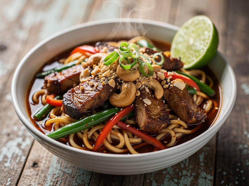 Spicy Cashew Chicken Ramen Noodles with Green Beans and Bell Pepper
