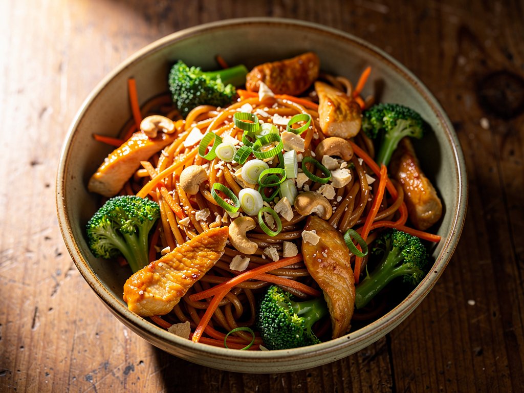 Spicy Chicken Lo Mein with Broccoli and Cashews