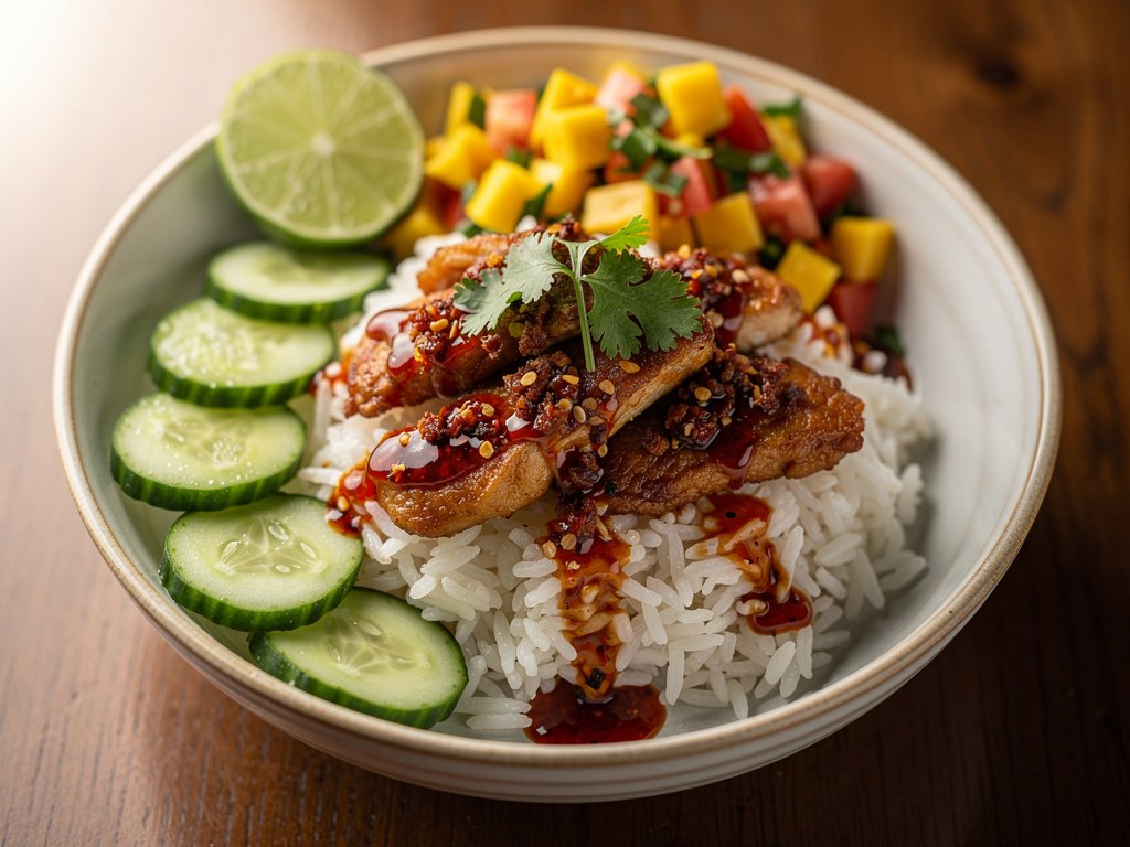 Spicy Chili Crisp Chicken Bowls with Mango Salsa and Pickled Cucumber