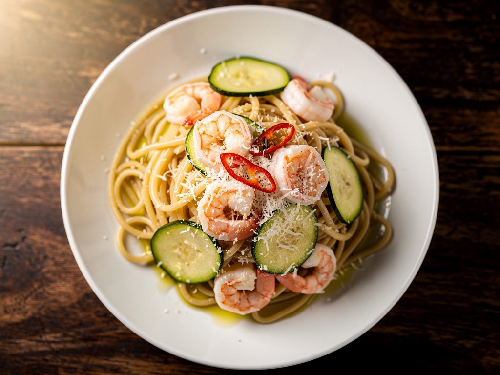 Spicy Garlic Butter Shrimp Linguine with Zucchini