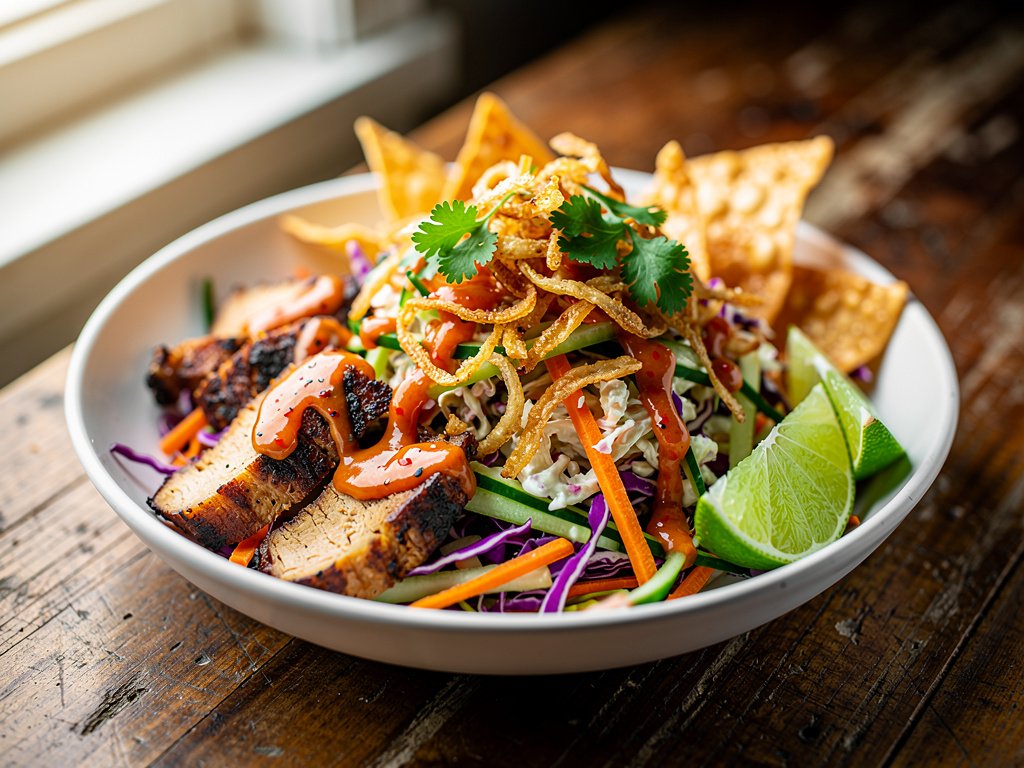 Spicy Garlic Chicken Crunch Salad with Chili Lime Dressing