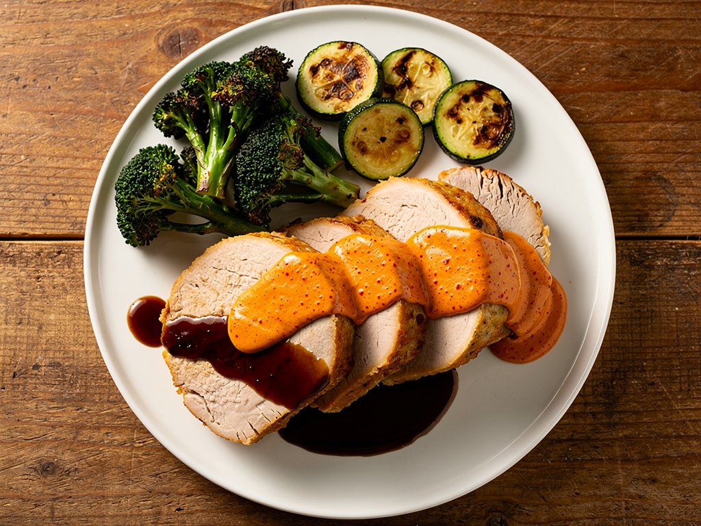 Spicy Glazed Turkey Meatloaves with Roasted Zucchini and Broccoli