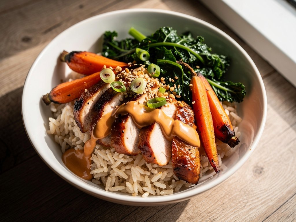 Spicy Gochujang Chicken Rice Bowls with Ponzu Kale and Roasted Carrots