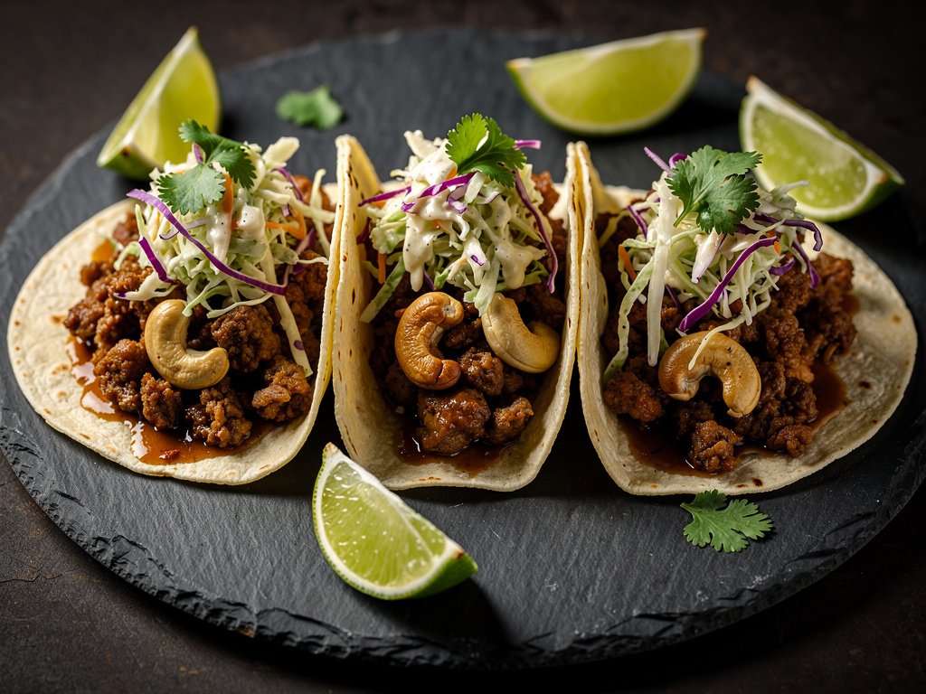 Spicy Gochujang Pork Tacos with Cashew Crunch and Tangy Slaw