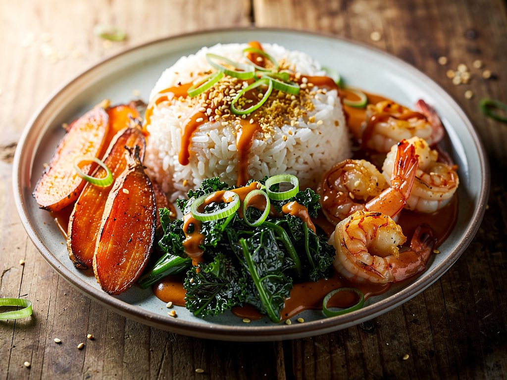 Spicy Gochujang Shrimp Bowls with Jasmine Rice and Ponzu Kale