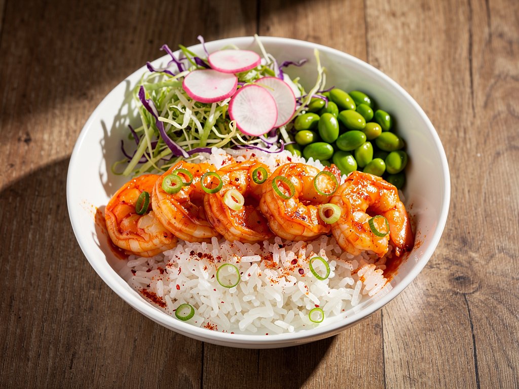 Spicy Gochujang Shrimp and Rice Bowls with Sesame Edamame Slaw