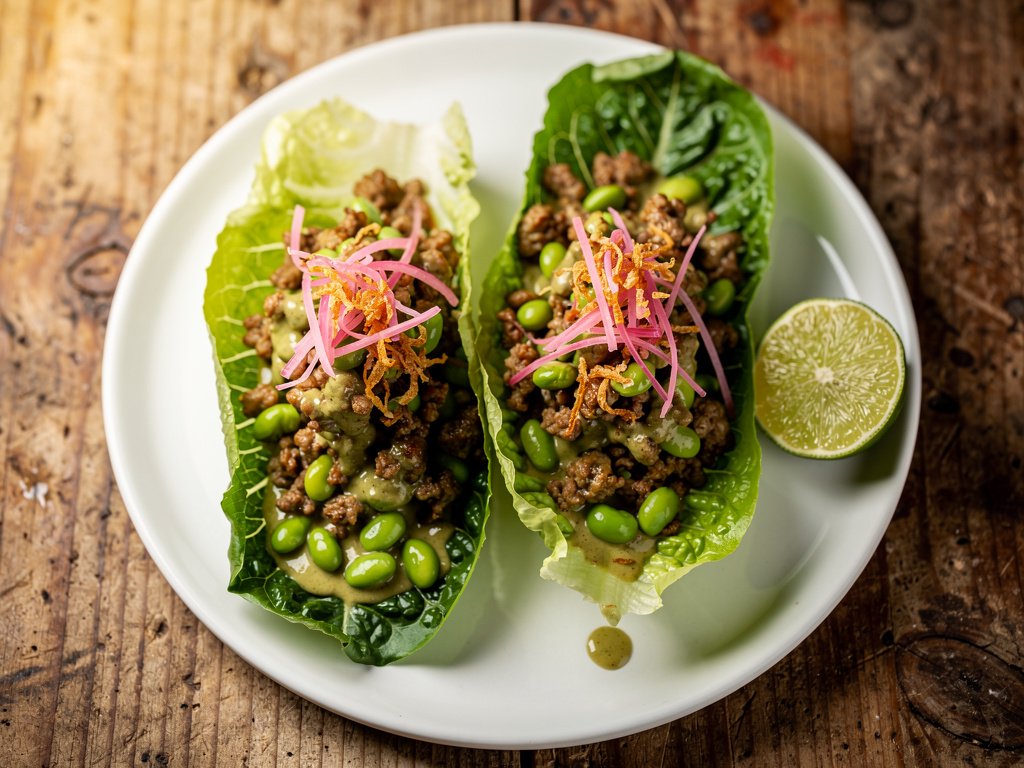 Spicy Green Curry Turkey Lettuce Wraps with Pickled Radishes