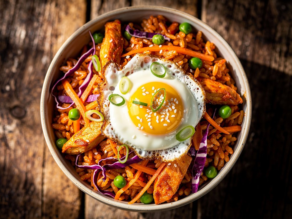 Spicy Kimchi Fried Rice with Chicken and Gochujang Sauce