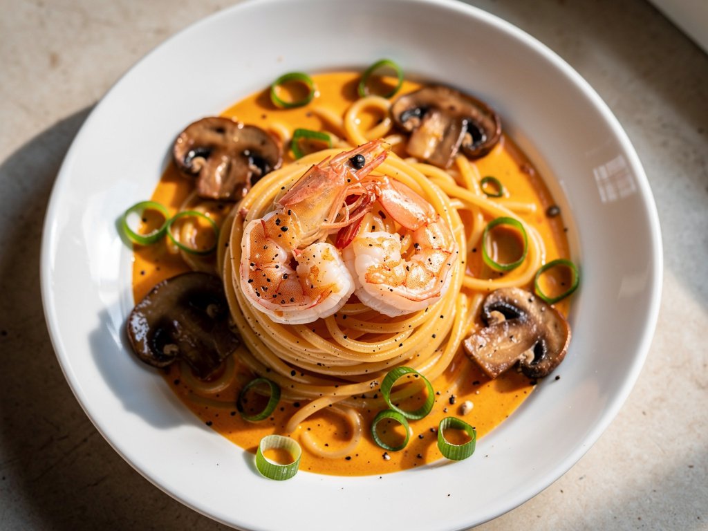 Spicy Korean Shrimp Linguine with Creamy Mushroom Sauce