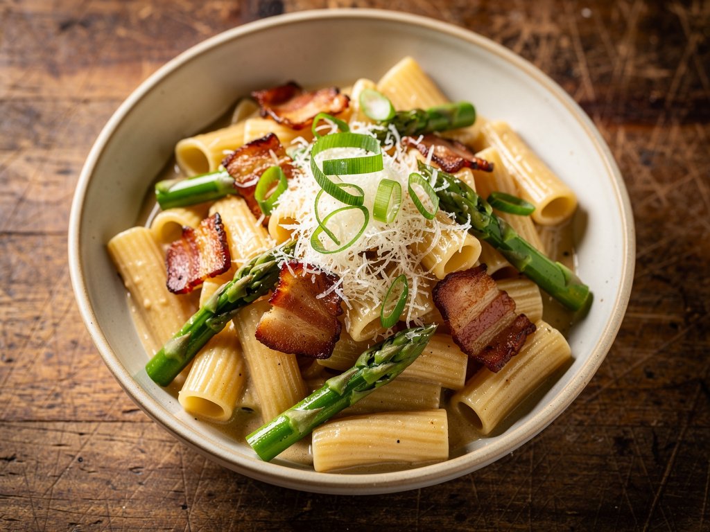 Spicy Miso Bacon Pasta with Asparagus and Parmesan