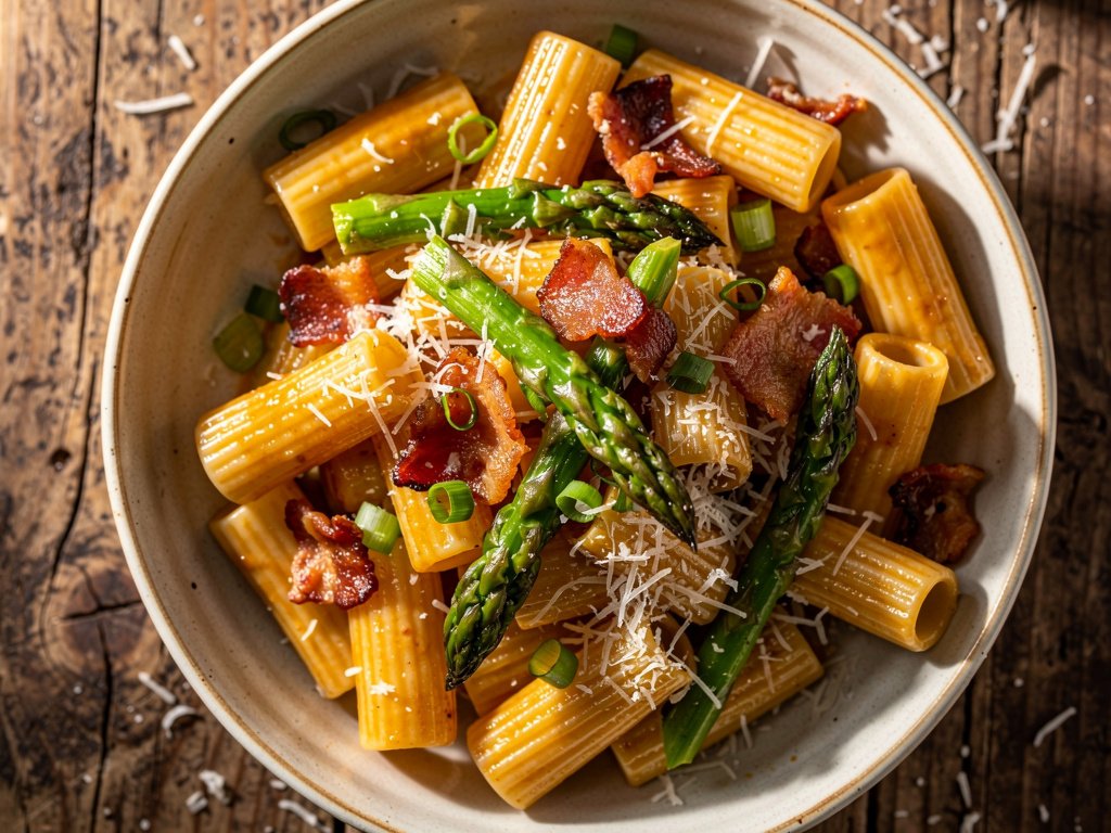 Spicy Miso Bacon Rigatoni with Asparagus and Parmesan