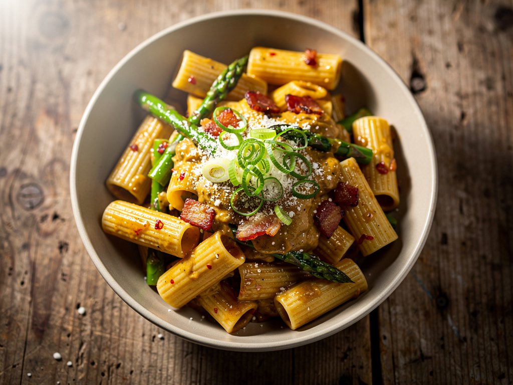 Spicy Miso Bacon Rigatoni with Asparagus and Parmesan