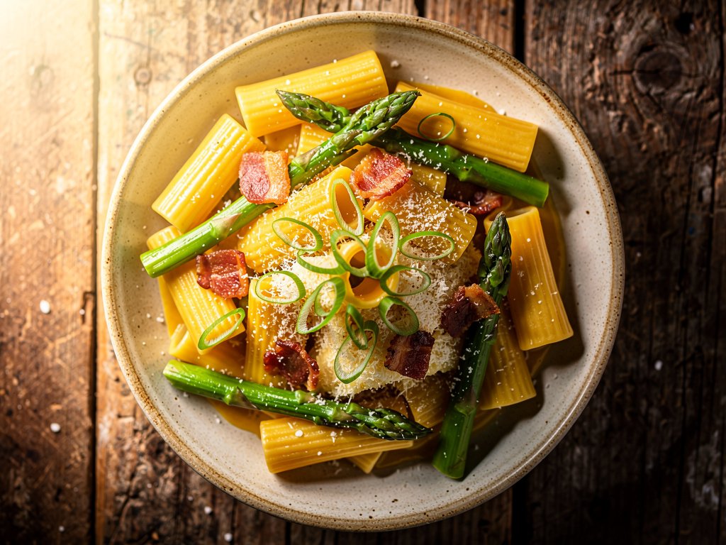 Spicy Miso Bacon Rigatoni with Asparagus and Caramelized Shallot