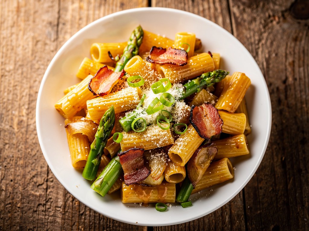 Spicy Miso Bacon Rigatoni with Asparagus and Caramelized Shallot