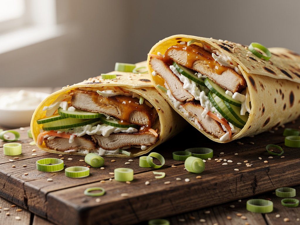 Spicy Peach Gochujang Chicken Wraps with Pickled Cucumber and Creamy Sesame Slaw