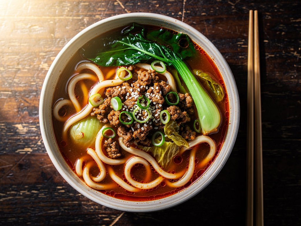 Spicy Peanut Beef Udon Soup with Bok Choy and Napa Cabbage