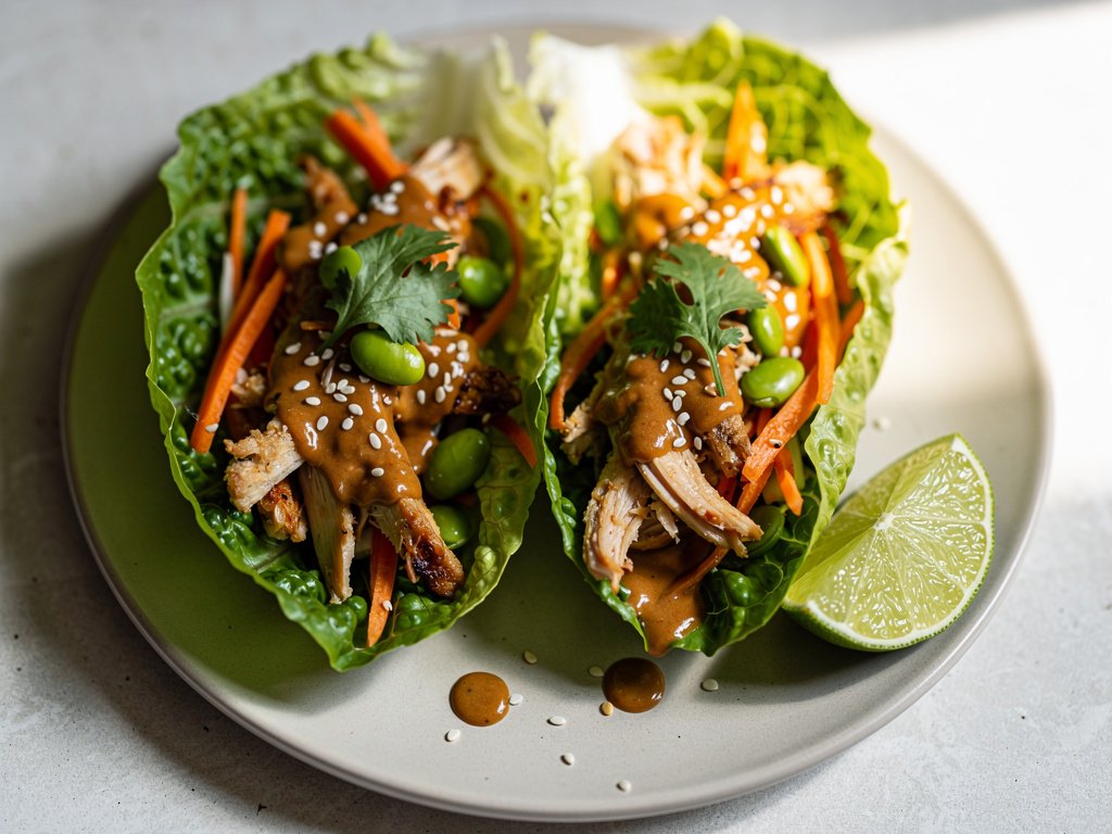 Spicy Peanut Chicken Lettuce Wraps with Sriracha-Ponzu Sauce
