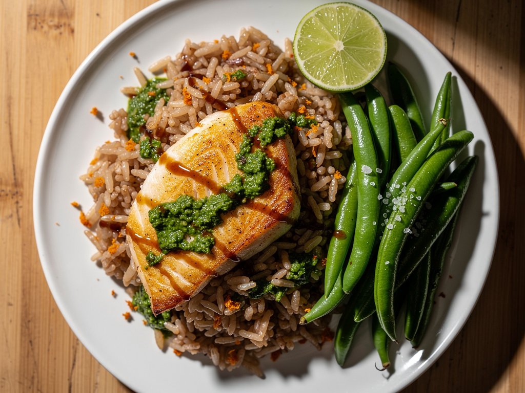 Spicy Scallion Pesto Tilapia with Ginger Brown Rice and Green Beans