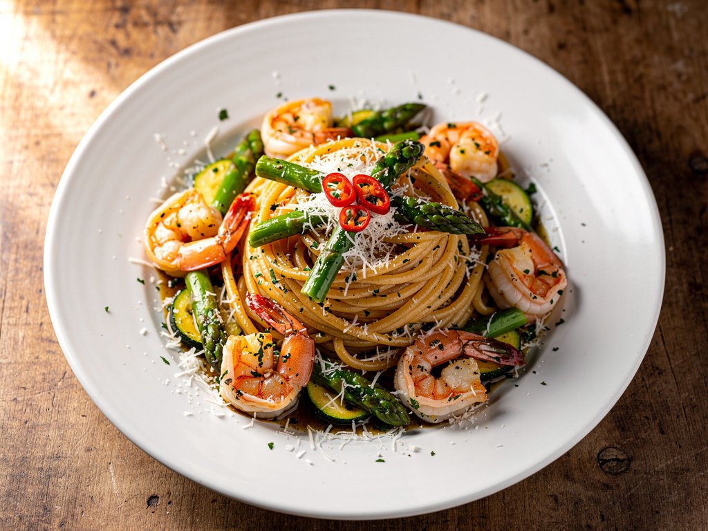 Spicy Shrimp Linguine with Garlic Herb Butter and Asparagus