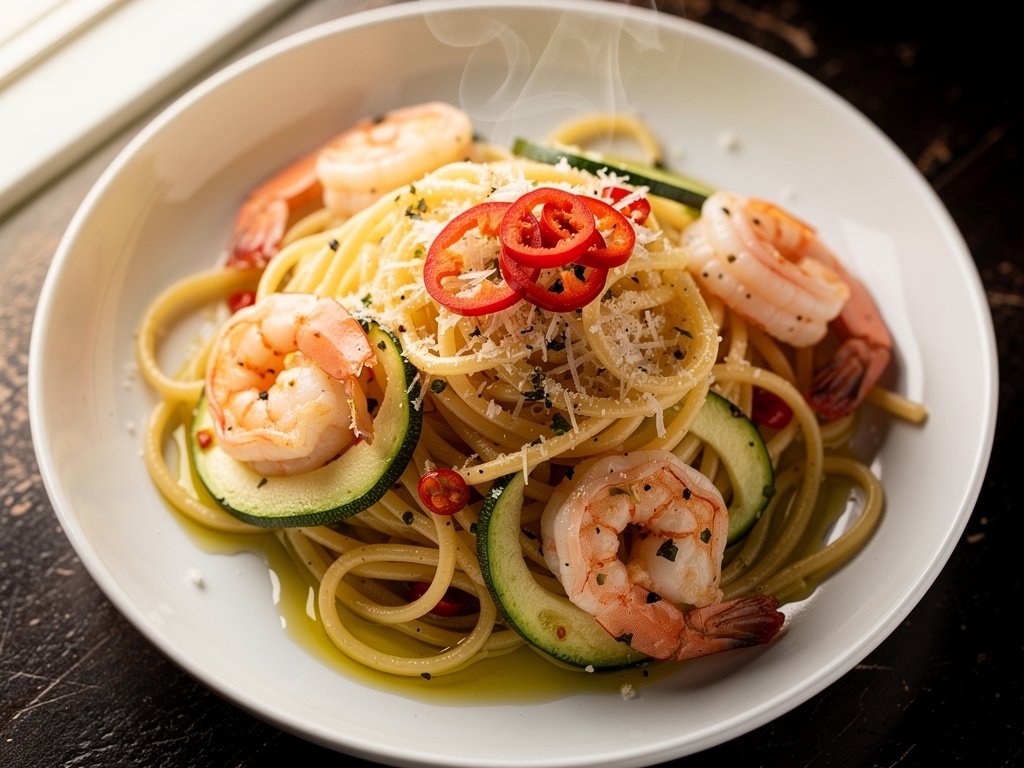 Spicy Shrimp Linguine with Zucchini and Garlic Herb Butter