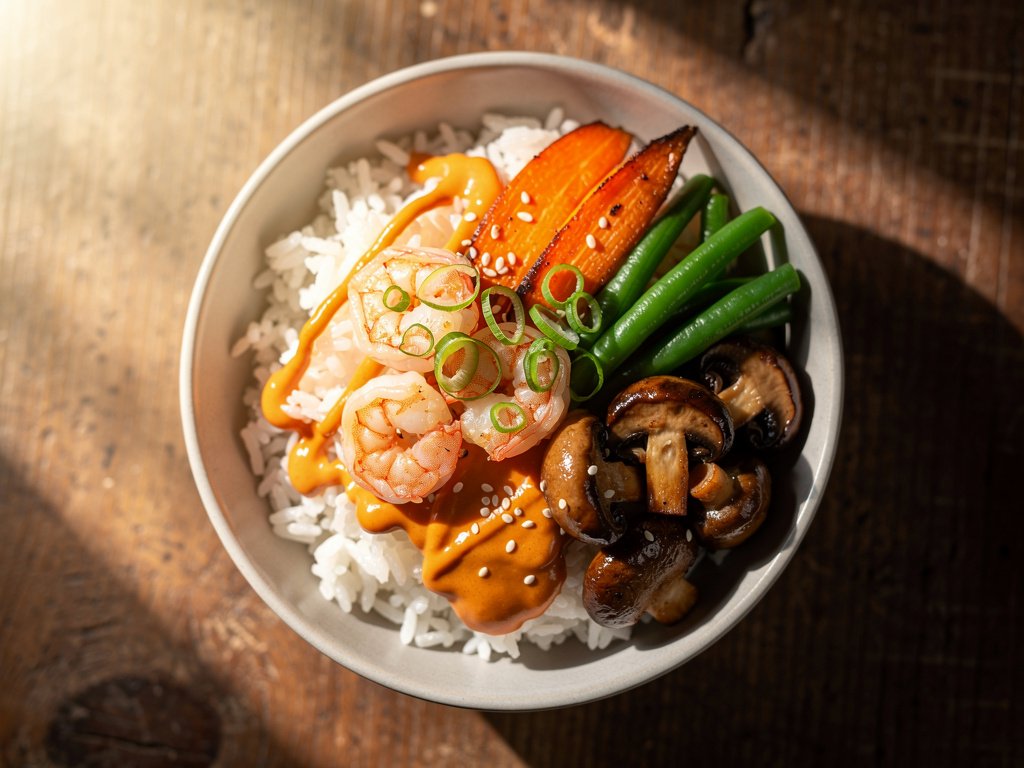 Spicy Shrimp and Mushroom Rice Bowls with Roasted Vegetables