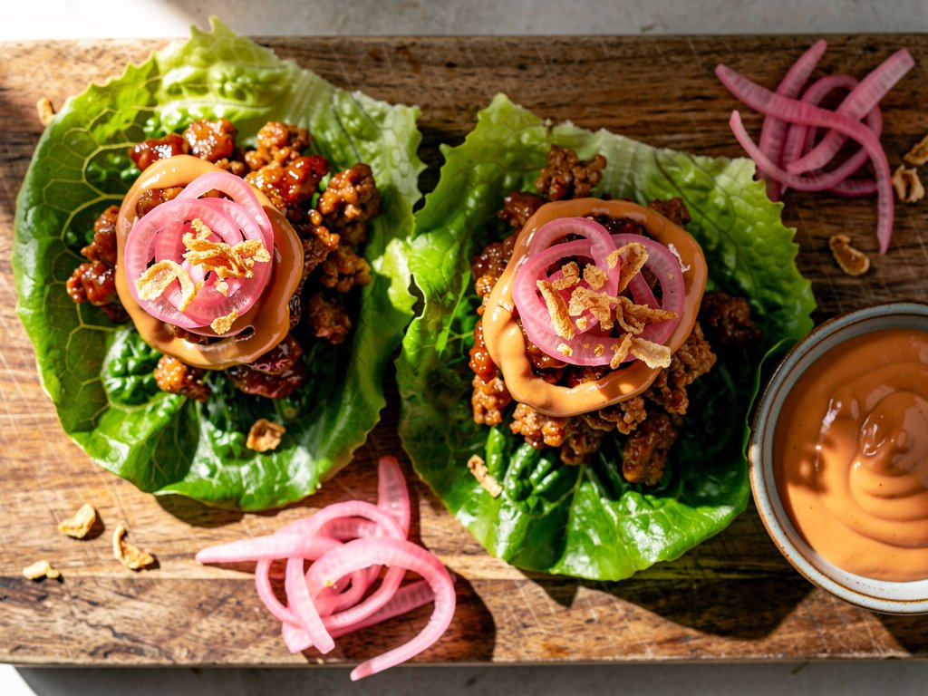 Spicy Soy-Glazed Turkey Lettuce Wraps with Gochujang Aioli and Pickled Radishes