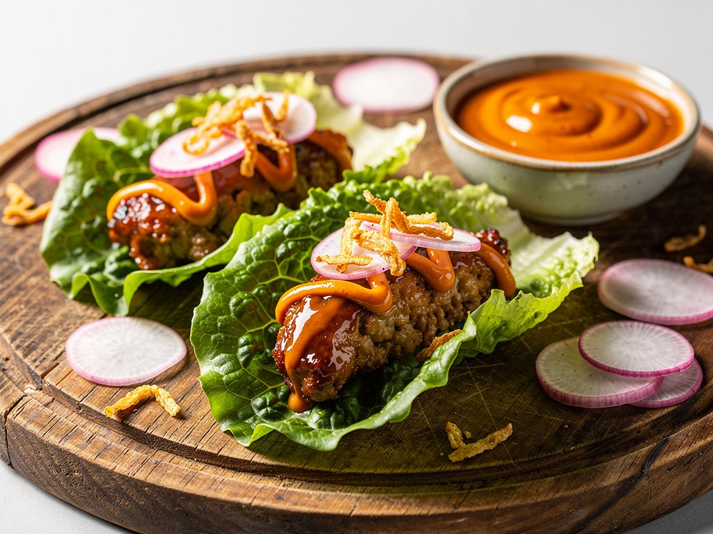 Spicy Soy-Glazed Turkey Lettuce Wraps with Gochujang Aioli and Pickled Radishes