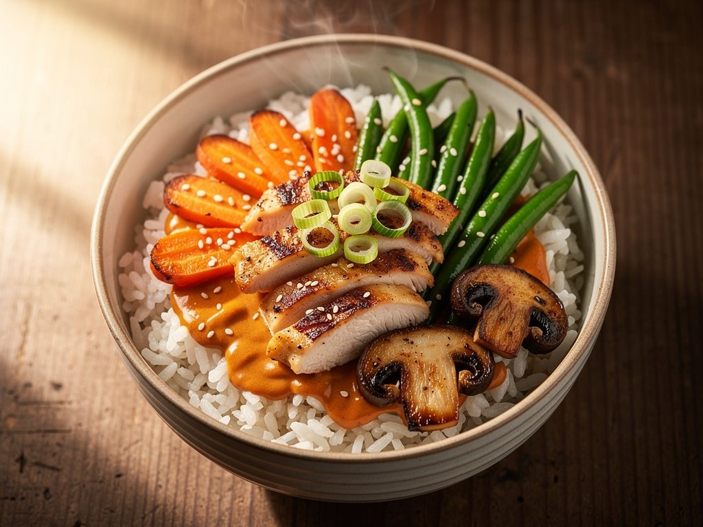 Spicy Sriracha Chicken and Mushroom Rice Bowls with Roasted Vegetables