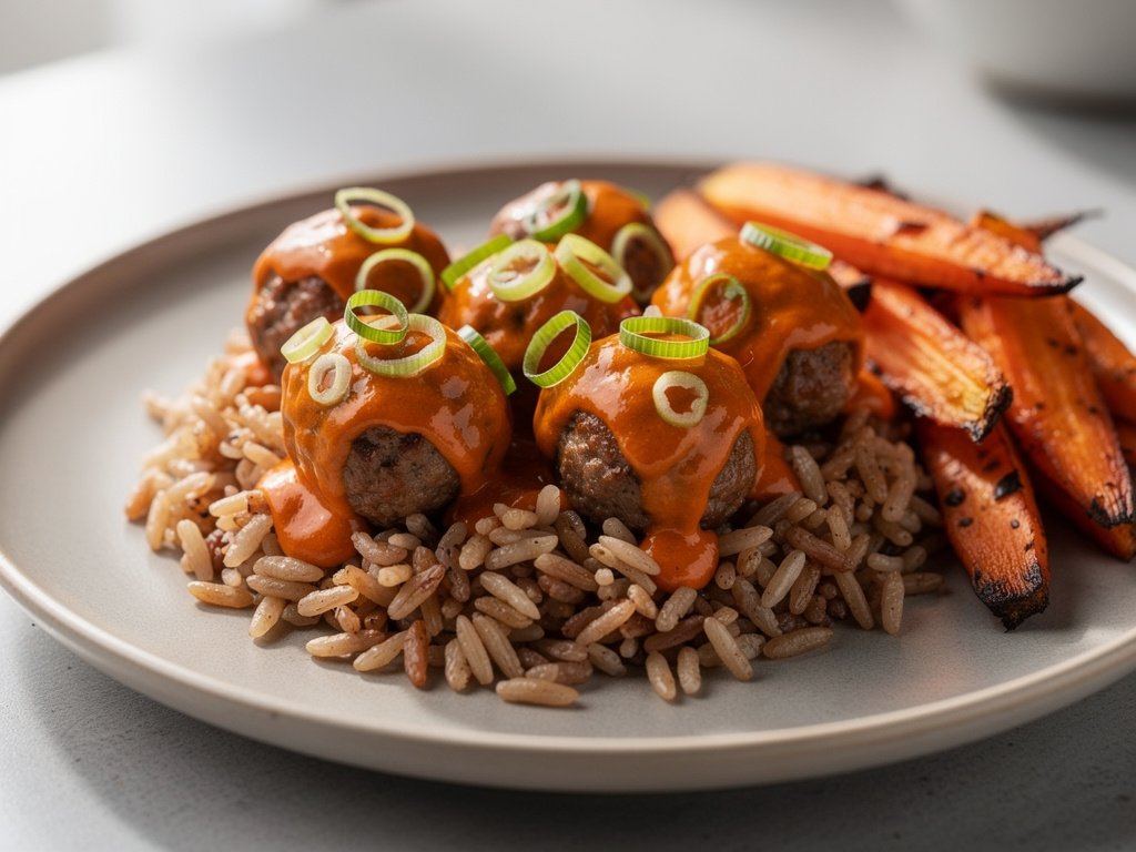 Spicy Sriracha Meatballs with Roasted Carrots and Brown Rice
