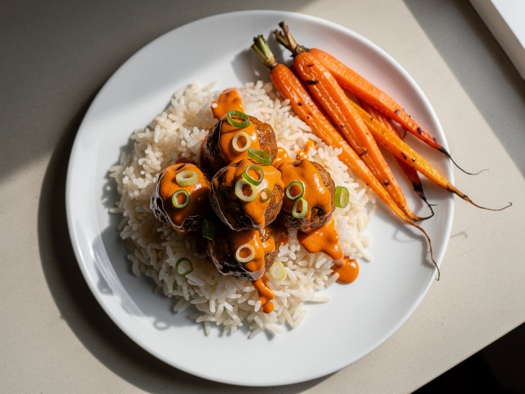 Spicy Sriracha Meatballs with Roasted Carrots and Jasmine Rice