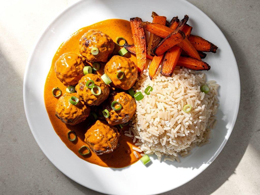 Spicy Sriracha Meatballs with Roasted Carrots and Jasmine Rice