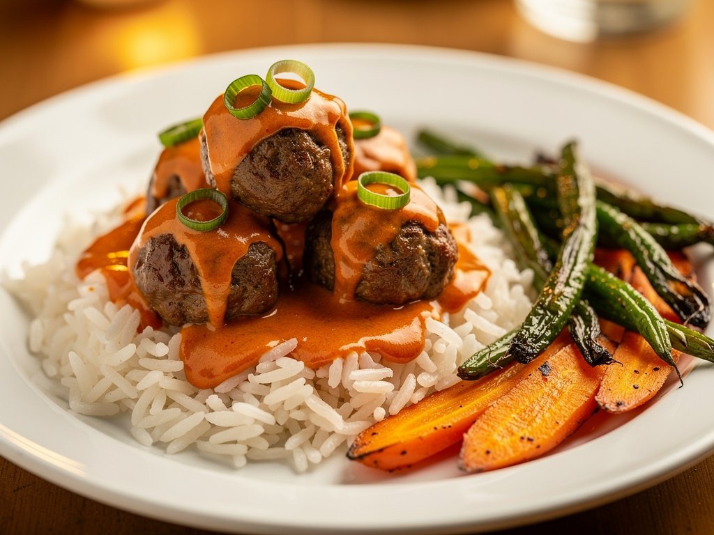 Spicy Sriracha Meatballs with Roasted Carrots and Jasmine Rice