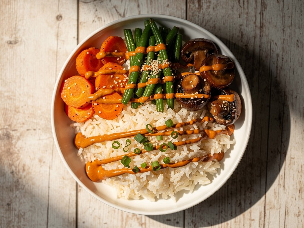 Spicy Sriracha Mushroom Rice Bowls with Roasted Carrots and Green Beans