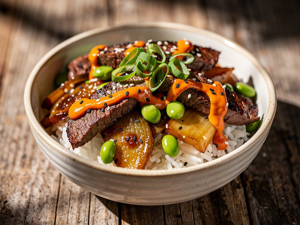 Spicy Steak and Edamame Stir-Fry with Gochujang Aioli