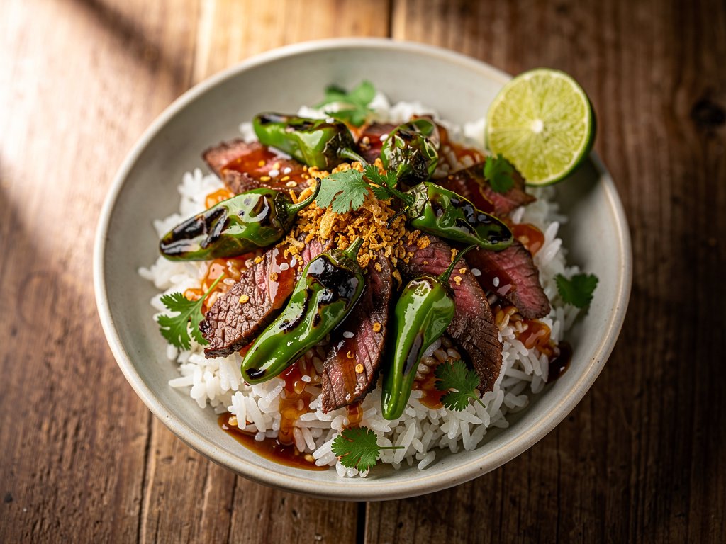 Spicy Steak and Shishito Pepper Rice Bowls with Crispy Onions
