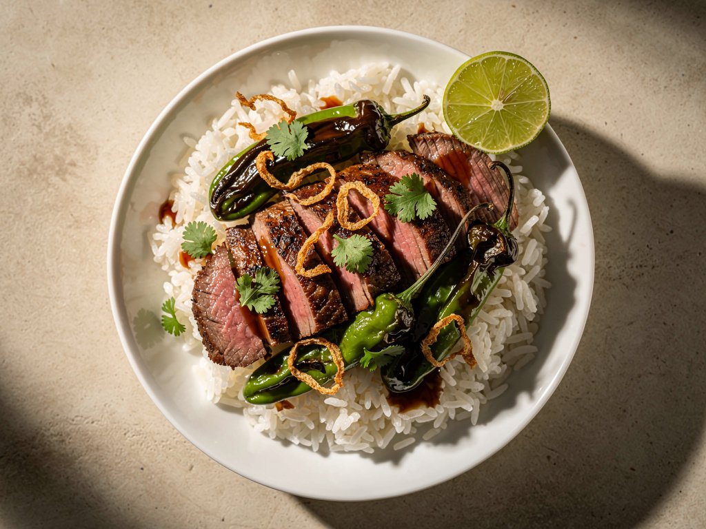 Spicy Steak and Shishito Pepper Rice Bowls with Crispy Onions