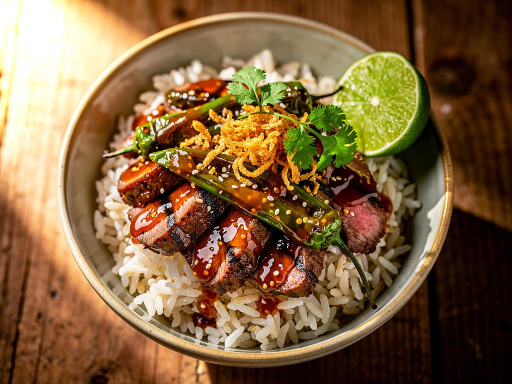 Spicy Steak and Shishito Pepper Rice Bowls with Crispy Onions