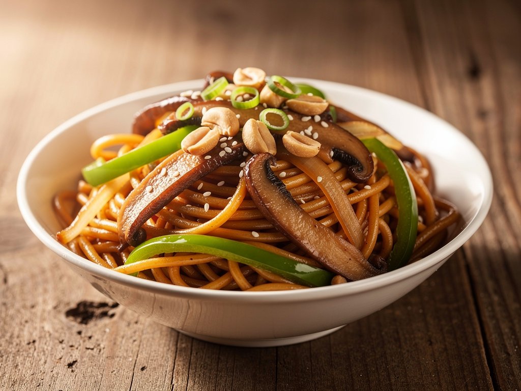 Spicy-Sweet Portobello Lo Mein with Bell Pepper and Peanuts