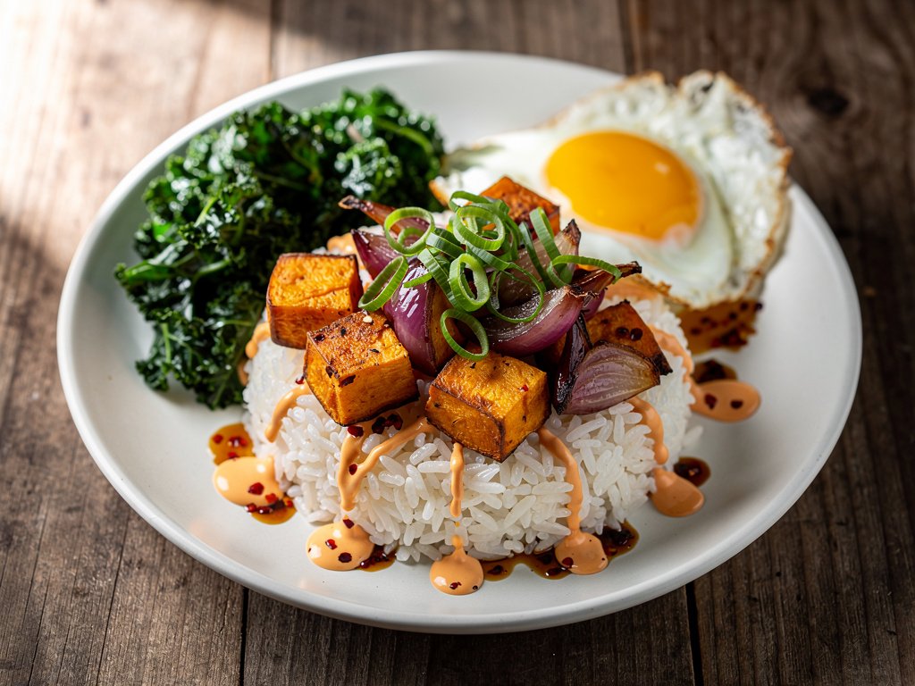 Spicy Sweet Potato and Kale Rice Bowls with Fried Eggs and Chili Crisp